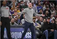  ?? AARON ONTIVEROZ — THE DENVER POST ?? Nuggets head coach Michael Malone shouts during the fourth quarter of the Phoenix Suns’ 117-107win at Ball Arena in Denver on Tuesday.