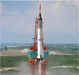  ?? Photo: NASA via AP ?? In this 5 May 1961 photo made available by NASA, astronaut Alan Shepard is launched into space atop a Mercury-Redstone rocket from Cape Canaveral, Fla. Freedom 7 was the first American manned suborbital space flight, making Shepard the first American in space.