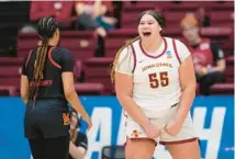  ?? GODOFREDO A. VÁSQUEZ/AP ?? Iowa State center Audi Crooks reacts after scoring against Maryland during the second half of their first-round NCAA Tournament game in Stanford, California, on Friday.