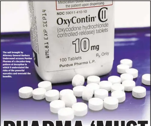  ??  ?? The suit brought by Attorney General Barbara Underwood accuses Purdue Pharma of a decades-long pattern of deception in which it understate­d the risks of the powerful narcotics and oversold the benefits.