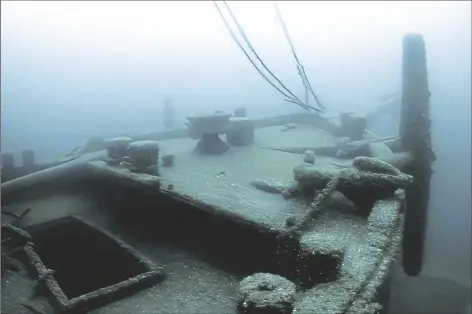  ?? ?? IN THESE IMAGES TAKEN
FROM VIDEO provided by the Thunder Bay National Marine Sanctuary, the bow (above) and the the bowsprit (left) of the Ironton are seen in Lake Huron off Michigan’s east coast in these June 2021 photos. Searchers have found the longlost Great Lakes ship that came to a tragic end. Officials with the sanctuary in Alpena, Mich,, say they’ve located the Ironton, a freight schooner that plunged to the bottom of Lake Huron in 1894. The Ironton collided with another vessel in rough seas. Reports at the time said the seven-member crew scrambled into a lifeboat but it was tethered to the ship and pulled down. Five crewmen died.