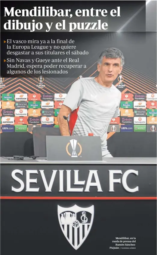  ?? ?? Mendilibar, en la rueda de prensa del Ramón SánchezPiz­juán // VANESSA GÓMEZ