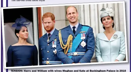  ??  ?? TENSION: Harry and William with wives Meghan and Kate at Buckingham Palace in 2018