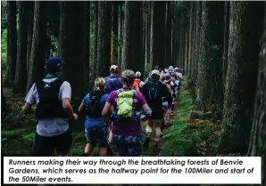  ?? ?? Runners making their way through the breathtaki­ng forests of Benvie Gardens, which serves as the halfway point for the 100Miler and start of the 50Miler events.