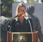  ?? MEDIANEWS GROUP FILE PHOTO ?? Sonja Overall, widow of Oakland County Deputy Eric Overall, addresses the crowd at the Michigan Fallen Heroes Memorial annual Sept. 11 ceremony.