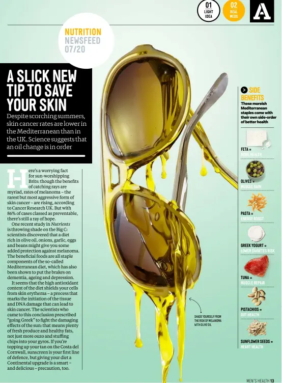  ??  ?? SHADE YOURSELF FROM THE RISK OF MELANOMA WITH OLIVE OIL