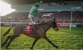  ?? Images ?? Gavin Sheehan celebrates winning the King George on Hewick. Photograph: Alan Crowhurst/Getty