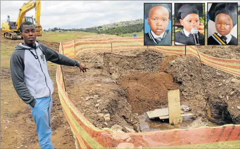  ?? Picture: SIKHO NTSHOBANE ?? DEATH TRAP: Mchubakazi village resident Nkqubela Ntshibongo points to where three young boys drowned on Wednesday afternoon. Inset, left, Ukhona Shenxane, 9, Lisakhanya Kumalo, 8, and Aphelele Nyutasi, 8.