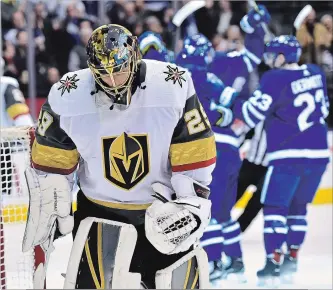  ?? FRANK GUNN THE CANADIAN PRESS ?? Vegas Golden Knights goaltender Marc-Andre Fleury reacts after giving up a goal to the Toronto Maple Leafs during first period NHL action in Toronto on Tuesday.