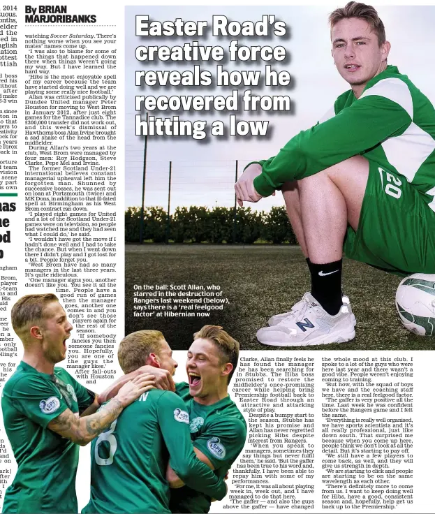  ??  ?? On the ball: Scott Allan, who starred in the destructio­n of Rangers last weekend (below), says there is a ‘real feelgood factor’ at Hibernian now