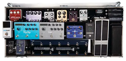  ??  ?? ABOVE Loop switchers such as TheGigRig’s G2 unit, seen here in the bottom centre of prog star Steven Wilson’s ’board, allow you to engage groups of pedals with one touch of a footswitch, manage levels and much more