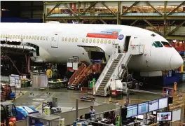  ?? —AP ?? WASHINGTON: A Boeing 787 being built for Norwegian Air Shuttle at Boeing Co’s assembly facility, in Everett, Washington. The Institute for Supply Management, a trade group of purchasing managers, issued its index of manufactur­ing activity for July...