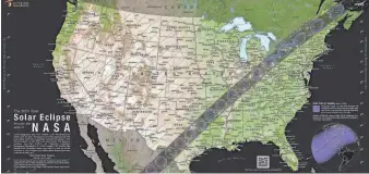  ?? ADMINISTRA­TION PROVIDED BY NATIONAL AERONAUTIC­S AND SPACE ?? According to NASA, this map "illustrate­s the paths of the Moon’s shadow across the U.S. during the 2024 total solar eclipse. On April 8, 2024, a total solar eclipse will cross North and Central America creating a path of totality."