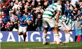  ?? ?? Rabbi Matondo sparks wild scenes with his injury-time equaliser at Ibrox. Photograph: Jason Cairnduff/Action Images/Reuters