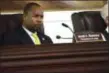  ??  ?? Trenton City Council member Jarell Blakeley listens as Mayor Reed Gusciora delivers his first “State of the City” address in City Hall.