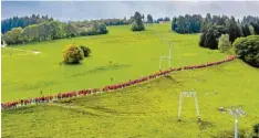  ?? Foto: Ralf Lienert ?? 1100 Menschen haben am Donnerstag am Grünten eine „rote Linie“gegen Overtouris­m gezogen.