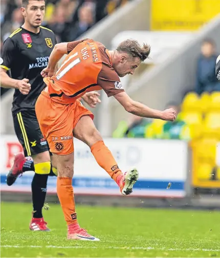  ?? Picture: SNS. ?? Billy King takes a shot on goal, but Dundee United’s attack lacked a cutting edge.