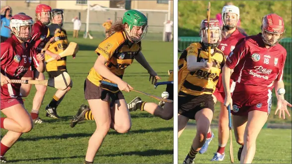  ??  ?? Rathnure’s Aoife Guiney is chased by St. Martin’s defender Aine Ennis. Amy Cardiff handpasses despite the best efforts of Michelle Martin.