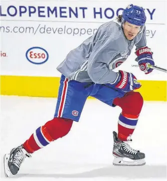  ?? JOHN MAHONEY • POSTMEDIA NEWS ?? Tyler Toffoli skates during Montreal Canadiens training-camp practice at the Bell Sports Complex in Brossard on Jan. 5.