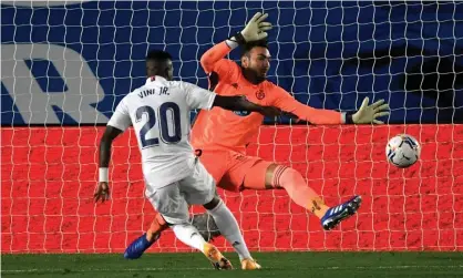  ??  ?? Vinicius Júnior scores the only goal of the game as Real Madrid beat Real Valladolid 1-0. Photograph: Pierre-Philippe Marcou/AFP/Getty Images