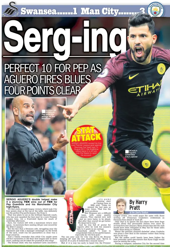  ??  ?? GUARD OF HONOUR: Pep pulls the strings on the touchline SERGIO AGUERO’S double helped make it a stunning wins out of for Pep Guardiola and his Manchester City high-flyers. DEADLY: Aguero celebrates City’s opener