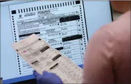  ?? MATT YORK — THE ASSOCIATED PRESS FILE ?? An election worker verifies a ballot on a screen inside the Maricopa County Recorders Office, on Nov. 10, in Phoenix.