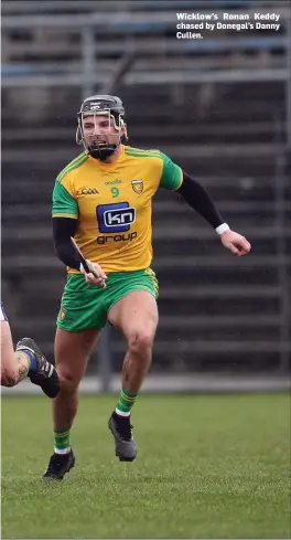  ??  ?? Wicklow’s Ronan Keddy chased by Donegal’s Danny Cullen.