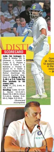  ??  ?? Opener M. Vijay made 53 against Essex in the first innings. — BCCI