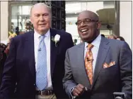  ?? Richard Drew / Associated Press ?? In this July 14, 2009, file photo, Willard Scott, left, and Al Roker, weathercas­ters on the NBC’s “Today” television program, appear on the show in New York. Scott, the beloved weatherman who charmed viewers of NBC’s “Today” show with his self-deprecatin­g humor and cheerful personalit­y, has died at age 87. Roker, his successor on the morning news show, announced that Scott died peacefully Saturday morning, surrounded by family.