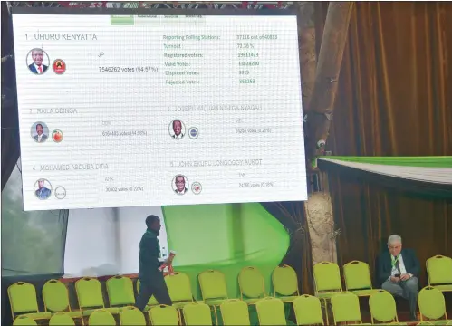 ??  ?? A tally of the results of Kenya’s presidenti­al elections appears on a giant screen at the national tally center on Wednesday in Nairobi. President Uhuru Kenyatta appeared headed for re- election as his rival Raila Odinga rejected early results as...