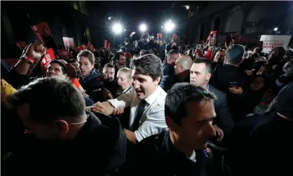  ?? Photograph: Stéphane Mahé/Reuters ?? The Liberal leader and Canadian prime minister, Justin Trudeau, takes part in a rally as he campaigns for the upcoming election, in Montreal, Quebec, last week.