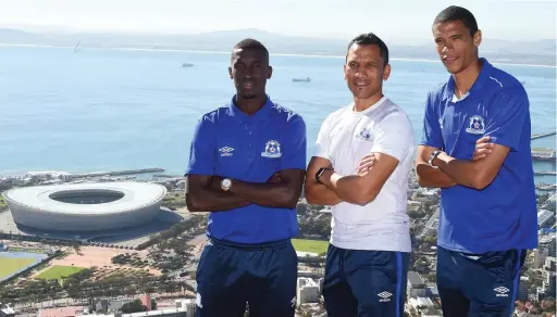  ??  ?? IT’S MARITZBURG IN THE MOTHER CITY: Maritzburg players Siyanda Xulu and Bevan Fransman, and coach Fadlu Davids had a spectacula­r view of the venue for Saturday’s Nedbank Cup final.