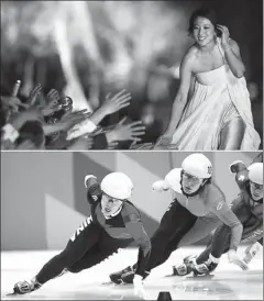  ?? XINHUA ?? Yang Yang attends the CCTV Sports Personalit­y Awards in 2007, and (below) speeds to 500m gold at the 2002 Winter Olympics in Salt Lake City, Utah.