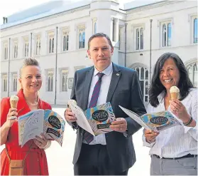  ??  ?? Look Again festival director Sally Reaper, left, is joined by councillor Douglas Lumsden and Karin Hayhow, from Mackie’s, to launch this year’s programme of events – with Mackie’s ice cream