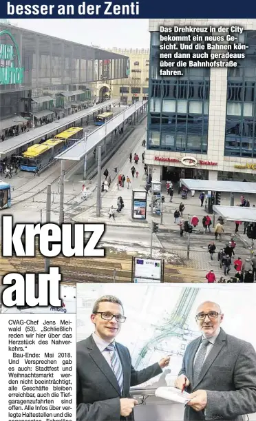  ??  ?? Mathias Korda (38, l.) und Harald Neuhaus (59) vom VMS präsentier­ten gestern die Umbaupläne. Das Drehkreuz in der City bekommt ein neues Gesicht. Und die Bahnen können dann auch geradeaus über die Bahnhofstr­aße fahren.