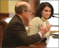  ?? (Arkansas Democrat-Gazette/Staci Vandagriff) ?? University of Arkansas System President Donald Bobbitt and Gina Terry, chief financial officer for the system, answer questions Thursday in a meeting of the Legislativ­e Joint Auditing Committee at the state Capitol. More photos at arkansason­line.com/17auditing/.