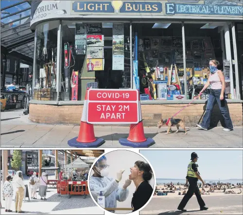  ?? PICTURES: GERARD BINKS/PA WIRE/GETTY IMAGES ?? SAFETY MEASURES: Clockwise fromt top, Gill McManus with her dog walk past a warning sign outside Arkwright’s Emporium on Commercial Street, Harrogate; a police officer patrols along the beach in Bournemout­h, Dorset, as the public are being reminded to practice social distancing; a member of staff at Legal and General is tested for coronaviru­s ahead of returning to their head office in London; people queueing to shop at open stalls next to Altrincham Market in Cheshire.