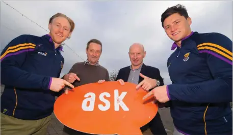  ??  ?? Diarmuid O’Keeffe and Lee Chin with Johnny Gaynor of Wexford Vintners and ASK campaign founder Frank Staples.