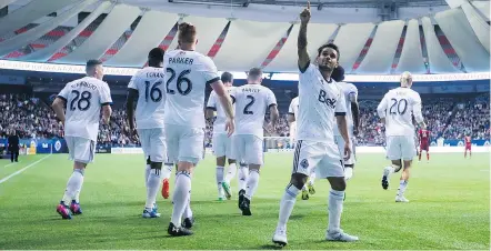  ?? — THE CANADIAN PRESS ?? Vancouver Whitecaps’ Cristian Techera gestures to the crowd while celebratin­g his goal against FC Dallas during the second half of an MLS game in Vancouver on Saturday.