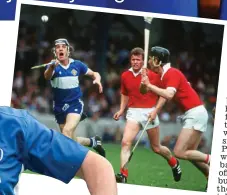  ?? ?? Off the leash: Pat Critchley takes on Cork in 1984 (above) and is an animated figure as Laois minor boss in 2013