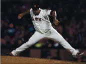 ?? NHAT V. MEYER — BAY AREA NEWS GROUP, FILE ?? The Giants’ Reyes Moronta throws against the D-backs at Oracle Park in San Francisco in August 2019.