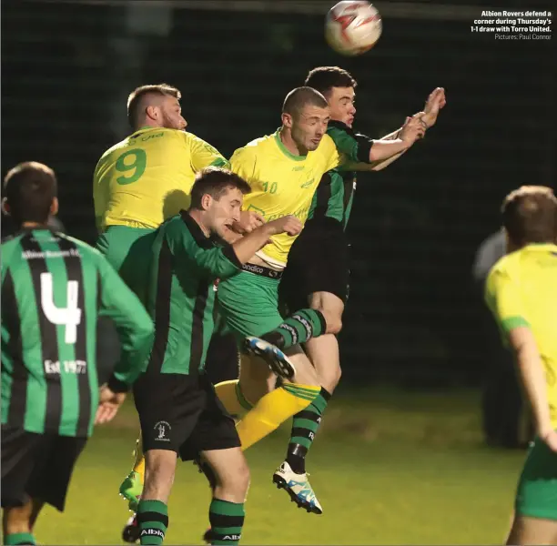  ??  ?? Albion Rovers defend a corner during Thursday’s 1-1 draw with Torro United.