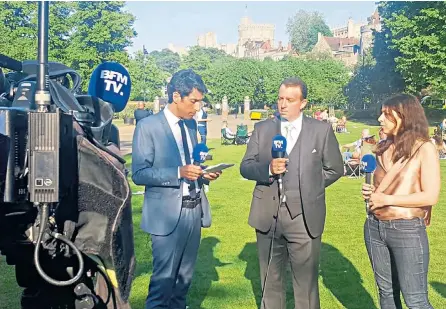  ??  ?? Tommy Muscatello is pictured during one of his many interviews during the royal wedding coverage