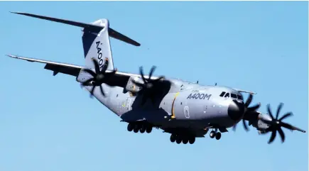  ??  ?? An Airbus A400M aircraft flies over the Paris Air Show at Le Bourget airport. Airbus has warned of continued cash pressures from the troubled A400M military aircraft program. (Reuters)