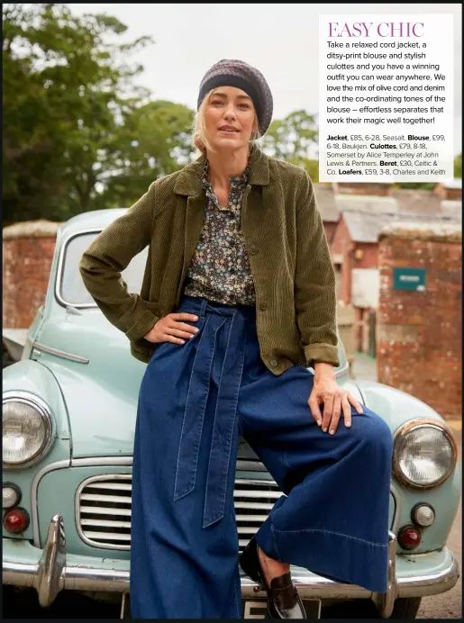  ??  ?? Jacket, £85, 6-28, Seasalt. Blouse, £99, 6-18, Baukjen. Culottes, £79, 8-18, Somerset by Alice Temperley at John Lewis & Partners. Beret, £30, Celtic & Co. Loafers, £59, 3-8, Charles and Keith