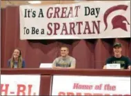  ?? STAN HUDY - SHUDY@DIGITALFIR­STMEDIA.COM ?? Burnt Hills-Ballston Lake student athletes Brittany Katz, Jake Stanko and Alex Turczyn celebrated their college commitment­s Tuesday in the Burnt Hills-Ballston Lake gymnasium together.