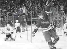  ?? FRANK FRANKLIN II AP ?? The Rangers’ Ryan Strome celebrates after scoring a goal during the second period of Game 2 against the Pittsburgh Penguins on Thursday.