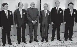  ?? — PTI ?? Prime Minister Narendra Modi ( third from left) with Japanese business leaders at a luncheon hosted by the Japan Business Federation in Tokyo on Monday.