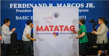  ?? PHOTOGRAPH BY YUMMIE DINGDING FOR THE DAILY TRIBUNE @tribunephl_yumi ?? For every Filipino child President Ferdinand Romualdez Marcos Jr. (2nd from left) and Vice President and Education Secretary Sara Z. Duterte (2nd from right) commit to the MATATAG (stable) roadmap of the Department of Education. Senate President Juan Miguel Zubiri (right), Senator Win Gatchalian (not in photo), and Rep. Roman Romulo (left) also signified their pledge during the Basic Education Report 2023 at Sofitel Philippine­s in Pasay City on Monday, 30 January.