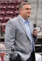  ?? Sierra Bush/Siloam Sunday ?? Keynote speaker Benji Mahan, associate project manager for Randstad Technologi­es, addresses teachers and other school officials during a back to school breakfast Wednesday.